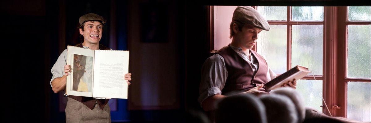 A collage of the the actor playing a book in the library is showing a first edition and sitting in a window reading.