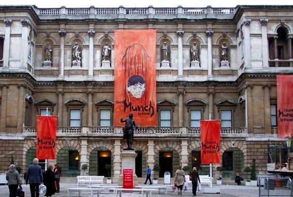 The courtyard of the Royal Acadady of Arts displaying its promotion for the exhibition Munch by Himself.